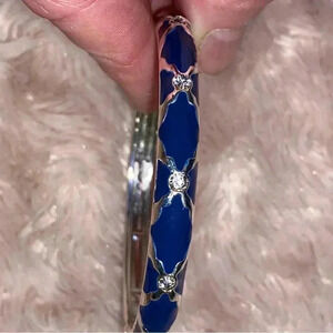 Sequin blue and sliver tone with faux crystal accents hinged bangle bracelet